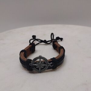 Silver Tone Compass Black Leather Adjustable Bracelet BA-22
